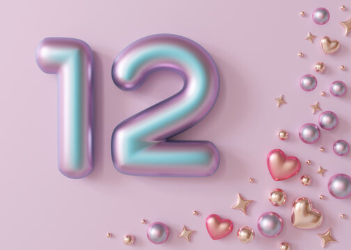 Shiny number twelve on light violet background with hearts, pearls and stars. Symbol 12. Invitation for a twelfth birthday party or business anniversary. 3D Render.