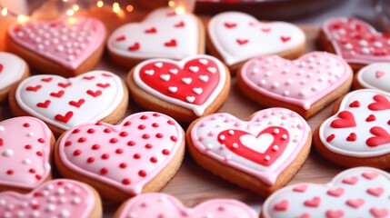 Heart shaped cookies icing for Valentine's day delicious homemade natural pastry, baking with love for Valentine's day, love concept. Ai generative.