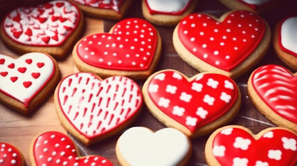Heart shaped cookies icing for Valentine's day delicious homemade natural pastry, baking with love for Valentine's day, love concept. Ai generative.