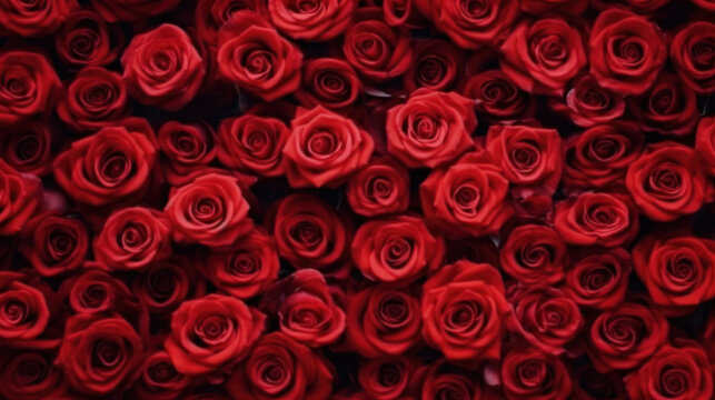 Natural red roses background, flowers wall. Ai Generative.