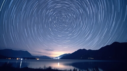 Startrails north pole tracks in the sky and lake in the field under the starry sky, inspiration photo. Montenegro. Ai Generative. - obrazy, fototapety, plakaty