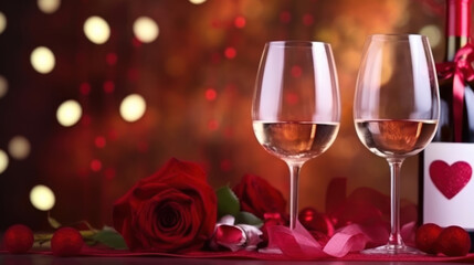 Valentines wine and rose, heart background. Ai Generative.