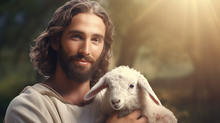Jesus Christ holding a little cute lamb of Easter holiday