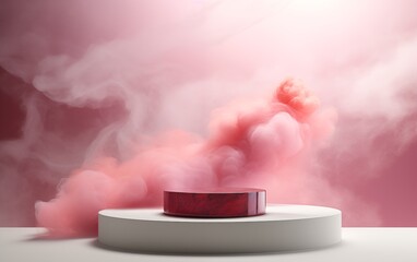 two marble brown and white round stand on a white surface for promotional products, against a background of pink smoke, a layout with an empty space for your design