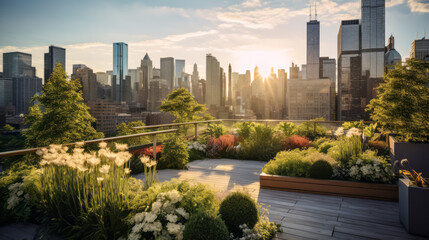 Fototapeta premium Urban oasis rooftop garden with lush greenery at golden hour