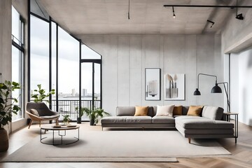 Scandinavian loft home interior design of a modern living room in a minimalist studio apartment. 