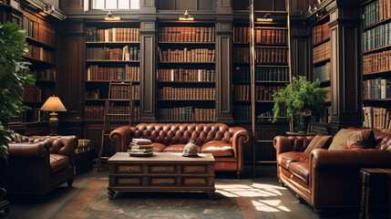 Bookshelves in the library. Large bookcase with lots of books. Sofa in the room for reading books. Library or shop with bookcases. - obrazy, fototapety, plakaty