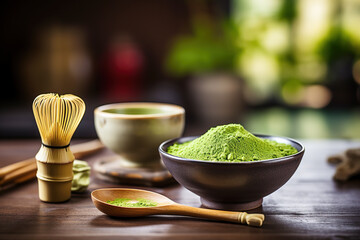 Preparación de té verde matcha japonés con batidor de bambú sobre mesa de madera - obrazy, fototapety, plakaty
