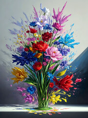 Colorful Ultra Modern Special 3D Style Oil Painting, Floral Arrangement Splash Effect, created with Generative AI technology