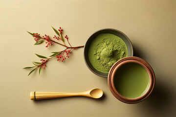 Fototapeta na wymiar Vista desde arriba de te verde matcha japonés preparado y en polvo con medidor de bambú sobre mesa de color neutro.
