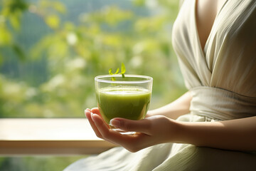 manos de mujer sujetando taza de té verde matcha. Bebida tradicional japonesa y saludable. Concepto de autocuidado. - obrazy, fototapety, plakaty