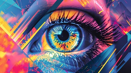 A hyperrealistic eye, its iris morphing into a swirling galaxy, set against a backdrop of geometric shapes in bold pop art colors. 