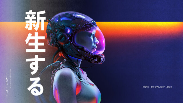 Poster. Contemporary art collage. Futuristic pilot, young woman, with helmet, neon hues. Potential album or video game artwork. New World in Japanese. Concept of future. Grainy fabric effect. Ad