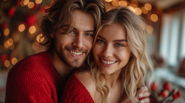 Young Blond Beautiful Girl And Man Dressed In Red Clothes Are Hugging. Happy Be Together Concept. Selective Focus.