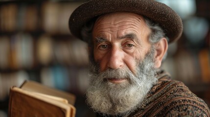 Portrait of an old jewish man with a book in his hands in library. - obrazy, fototapety, plakaty