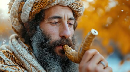 A Jewish man blowing the shofar ram's horn at Rosh HaShana.