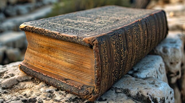 Old book Tora on the stone background, close-up, vintage style. Holy Book at the Western Wall in Jerusalem.