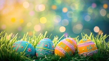 Fototapeta na wymiar Easter decorated eggs in fresh spring grass with bokeh background. AI generative