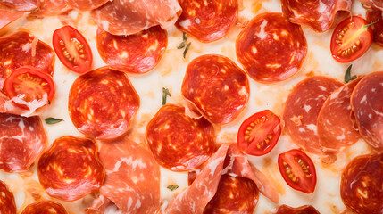 Closeup texture of delicious salami pizza for promotion, background design