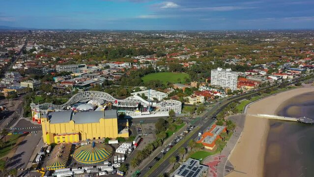 Breathtaking aerial footage over St Kilda Beach and Luna Park Melbourne