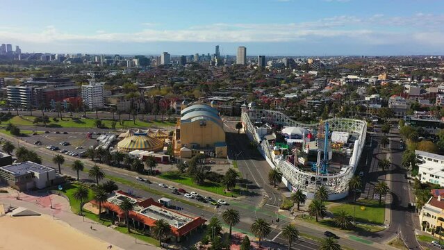 Aerial footage approaching Luna Park Melbourne next to St Kilda Beach