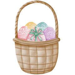 Fototapeta na wymiar Watercolor basket and eggs for Easter Day 