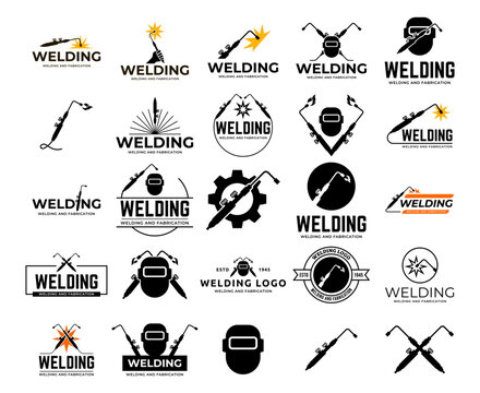 Flat illustration welding torch logo design. Welder tool with spark vector design. Welding work logotype