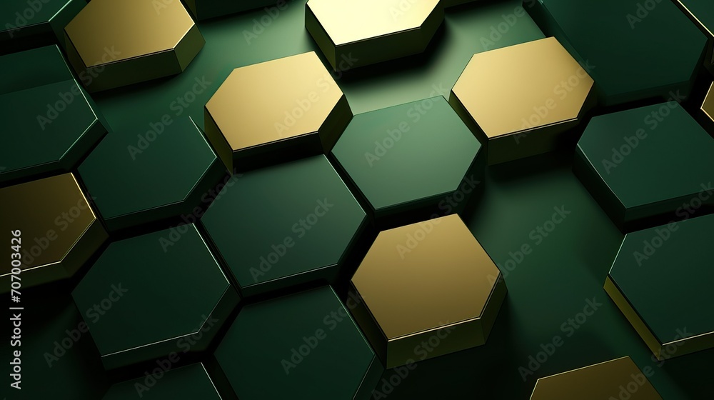 Aufkleber dark green and golden hexagons, abstract 3d rendering of hexagons background, futuristic surface wit