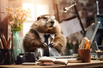 Anthropomorphic Groundhog in a shirt and tie working at the office desk at the computer Manager Groundhog Day