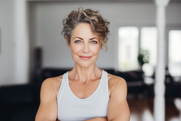 Beautiful smiling middle aged woman in white sport wear at home. Portrait of happy woman enjoying active lifestyle - Powered by Adobe