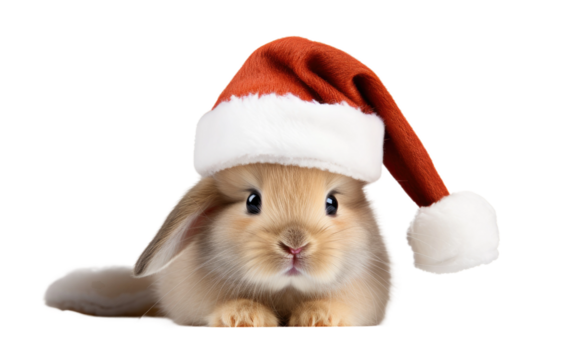 Cute Bunny with Santa Hat, Spreading Christmas Joy with Fluffy Delight on a White or Clear Surface PNG Transparent Background