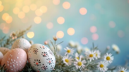 Easter composition with a decorated eggs, flowers and bokeh background with a copy space. AI generative