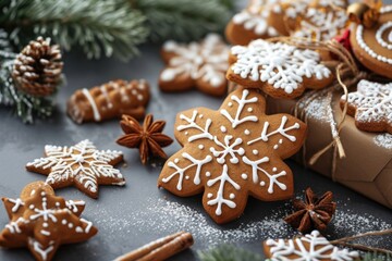 Fototapeta na wymiar Handmade Gingerbread Cookie Christmas Composition: Festive Holiday Decoration