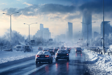 a winter snow covered road in a city, concept of traffic safety on a slippery road