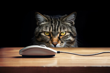 Fierce cat hiding behind a desk and hunting a computer mouse, fun animal pet portrait