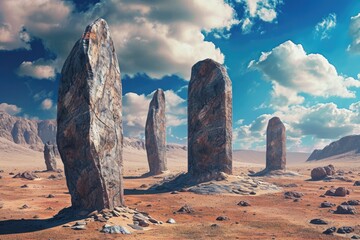 Otherworldly Monoliths: mystical, strange stone formations in a desert landscape - obrazy, fototapety, plakaty