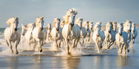 Herd of white wild Camargue horses running on a beach at sunset, water splash, panoramic front view - obrazy, fototapety, plakaty