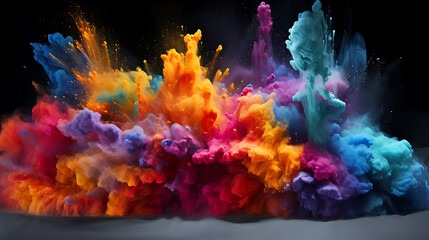 Fototapeta na wymiar Chromatic Burst, Energetic Explosion of Colorful Powder Against Darkness
