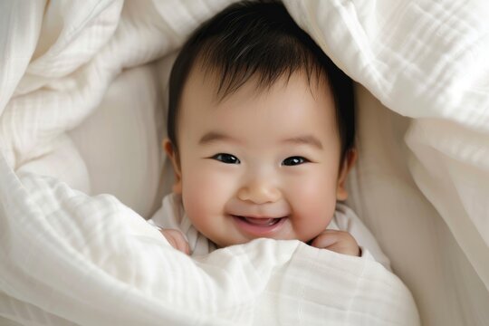 Happy Asian Baby Peeking from White Blanket