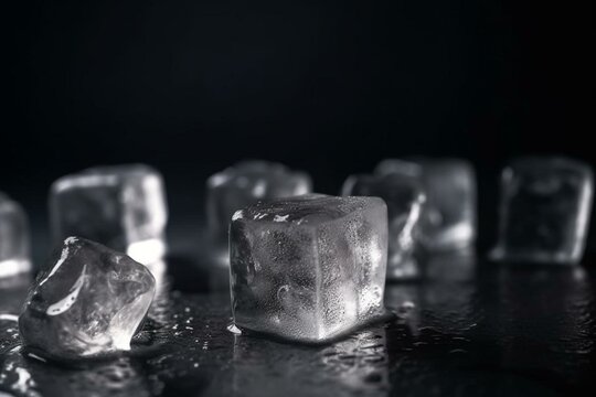 Closeup melting ice cubes on grey background. Generative AI