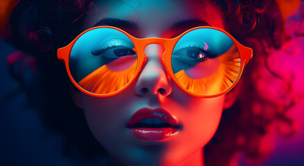 Young  woman with sunglasses, beautiful makeup, bright neon colors, high fashion, studio portrait