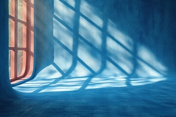 Blue background, abstract patterns created by shadows, close-up, in blue color, colorful light play in a modern interior.