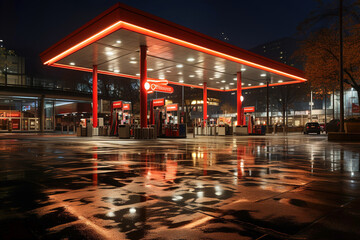 A gas station at night with a red light.