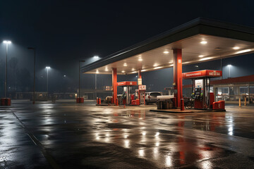 A gas station at night with a red light. - obrazy, fototapety, plakaty
