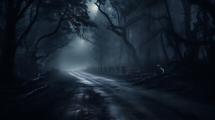 Obraz premium Moonlit mystery, fog in spooky forest casts werie glow on asphalt