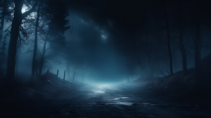 Moonlit mystery, fog in spooky forest casts werie glow on asphalt