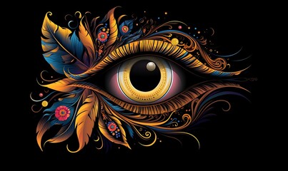 Fototapeta premium Digital art fantasy logo, eye catching, stunning, colored, black background, logo style, flat, I can't believe how beautiful this is. Generative Ai 