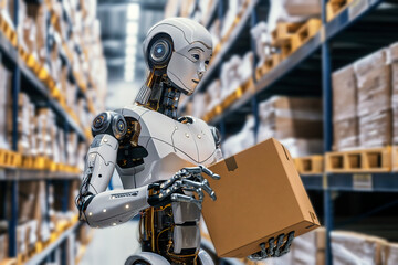 Fototapeta premium white robot sorting a package in the shelf warehouse of a logistics center