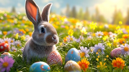 Fototapeta na wymiar A cute rabbit hiding in the grass with a easter decorated eggs on a blooming spring meadow. AI generative