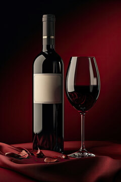 a bottle of red wine with label and a full glass goblet in photorealistic style on a red dark background.